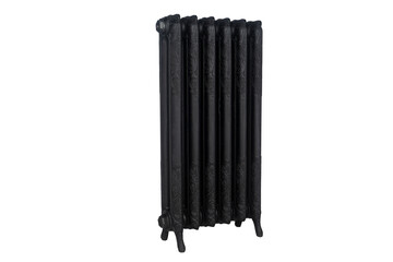 A black, six-section cast-iron radiator on a white background.