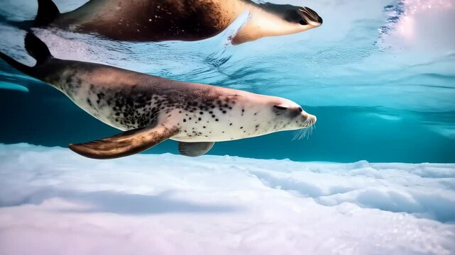 Leopard seal swims in ocean waters above the ice, a predator under the sea, Antarctic aquatic wildlife in habitat