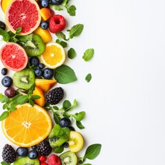 Fresh Fruits and Green Leaves Arranged on White Background