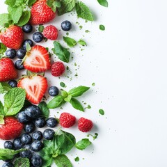 Fresh Berries and Mint Leaves on White Background for Healthy Cooking
