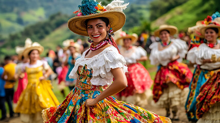 In the heart of Colombia’s coffee region, traditional dress-clad farmers proudly showcase their harvest on lush terraced coffee plantations during an energetic coffee festival
