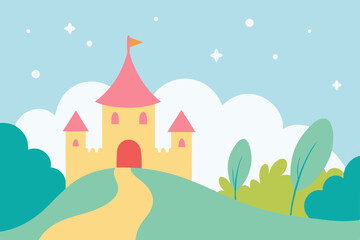 Enchanted Castle on a Hilltop A whimsical illustration of a fairytale castle nestled amongst lush greenery, under a dreamy sky.