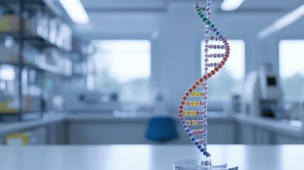 A detailed image of a DNA helix model with vibrant colors, set in a modern research lab with advanced equipment in the background, medium shot