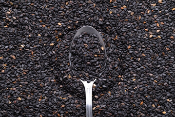 Black sesame seed with spoon, Healthy eating, Top view