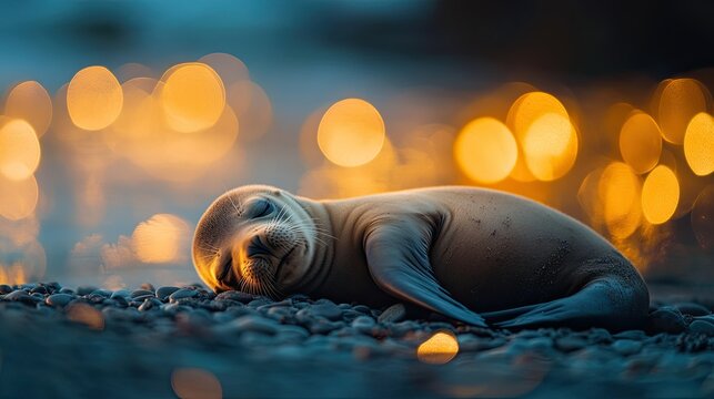 A cute baby sea lion sleeping on the beach - Powered by Adobe