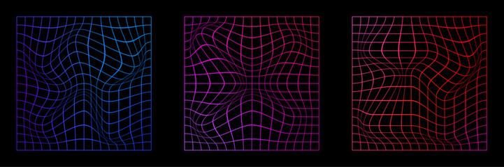 Set de gradientes en forma de cuadrículas distorsionadas con ondas, estilo retro	