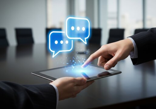 Business communication on tablet with speech bubbles in conference room