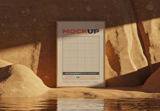 Vertical Frame Poster Mockup on Cave Natural Stone with Water