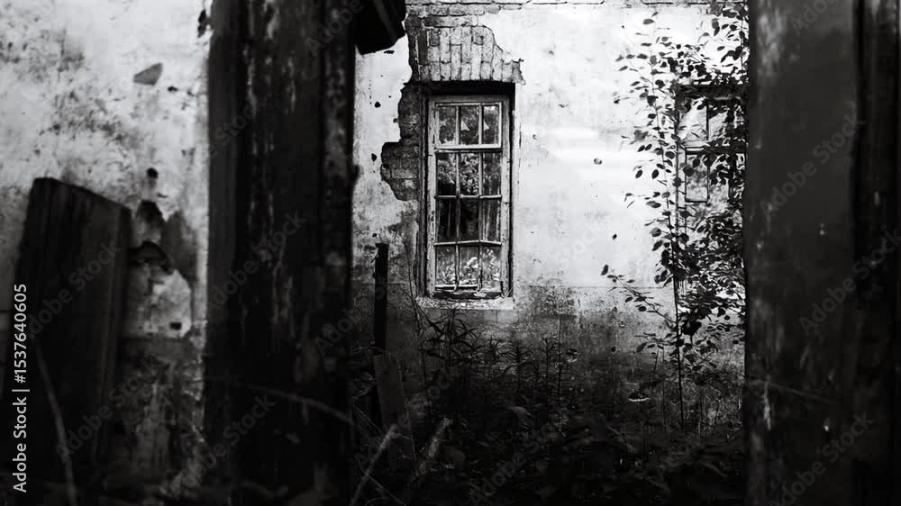 Poster black and white photo of an old abandoned building with distressed walls and rusty details