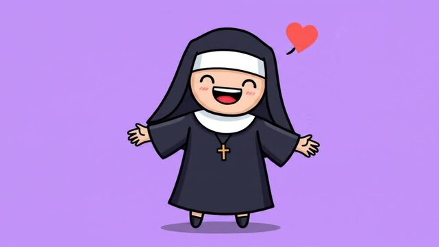 Cartoon Nun: A cheerful cartoon nun with open arms and a joyful smile, adorned with a red heart, represents love, purity, and faith in this charming illustration.