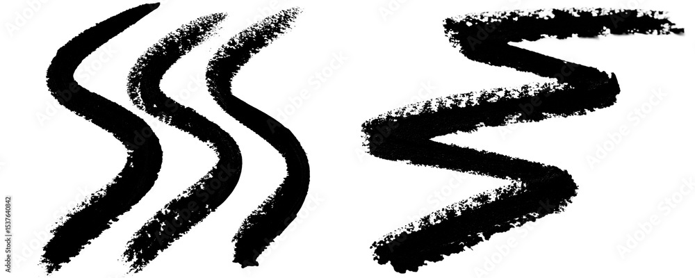 Poster a collection of thick black brush stroke drawn in zig-zag shape with heavily textured for overlay de