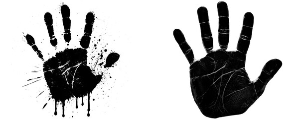 Two Smudged Black Ink Handprints With Rough Edges and Visible Palm Lines Isolated on a Transparent or White Background