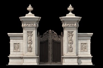 Naklejka premium Ornate metal gate with stone pillars and decorative carvings against a black background in a studio shot