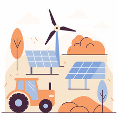 Eco-Friendly Farming Technology Concept. Conceptual vector of sustainable agriculture with solar, wind, electric tractor and water-saving systems.
