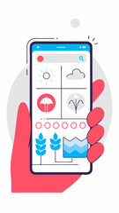 Mobile Smart Farming App Interface – Vector
Vector illustration of a hand holding smartphone with smart farm control app: irrigation, weather, crop data.
