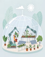 Futuristic Greenhouse Dome – Vector Illustration.
Vector of a futuristic dome greenhouse with robotic arms, solar power, and hydroponics in eco-friendly setting.
