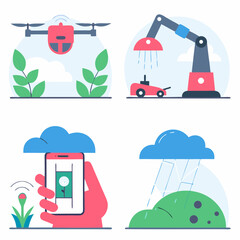 Smart Farming Technology Icon Set – Flat Vector.
Set of flat vector icons showing smart farming technology including drone, soil sensor, automation, and mobile control.
