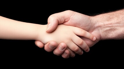 An adult hand shakes a childs hand.