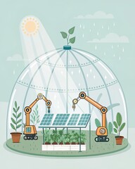 Futuristic Greenhouse Dome – Vector Illustration.
Vector of a futuristic dome greenhouse with robotic arms, solar power, and hydroponics in eco-friendly setting.

