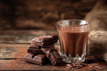 Close up of chocolate chunks and a glass of chocolate milk on a rustic wooden surface and burlap cloth