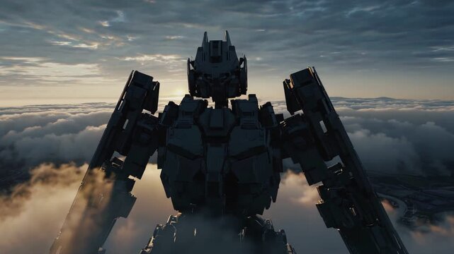 Giant mech emerging from clouds at sunset
