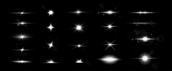 A beautiful collection of light flares, sparkles, glimmers, magic light flashes, flares. Flares for overlaying and giving the effect of illumination, shimmer, flash, sun light reflection. Vector set