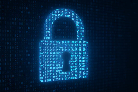 Cyber Security Solutions. A glowing digital padlock symbol made of binary code on a dark blue background, representing cybersecurity and data protection.