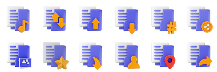 3d file folder music location hashtag image data document archive icon set bundle illustration