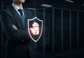 Businessman with arms crossed and cybersecurity shield in data center