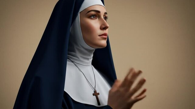 Contemplative Devotion: A serene nun, cloaked in traditional habit, is immersed in prayer, her gaze fixed with peaceful intent, conveying a sense of faith and spiritual reflection.