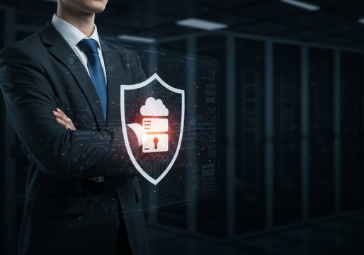 Businessman with arms crossed and cybersecurity shield in data center