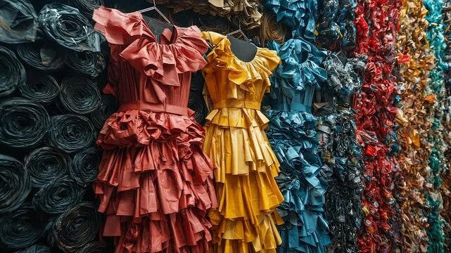 Recycled plastic dresses displayed against rolled plastic backdrop
