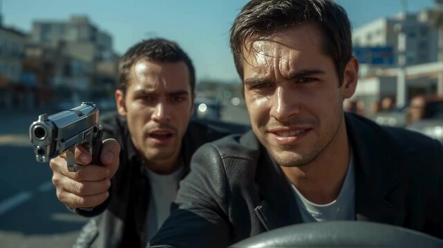 Two Men in a Car, One Holding a Gun, Urban Setting