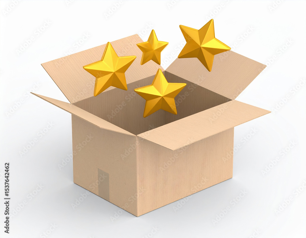 Poster golden stars emerge from open cardboard box, their points gleaming in light, creating magical and jo