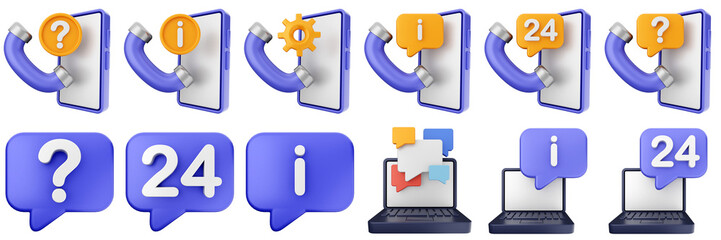 3d helpdesk chat laptop support service center call service icon set bundle illustration