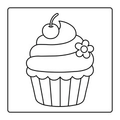 Cute Cupcake with Cherry and Flower Coloring Page – Fun Line Art for Kids