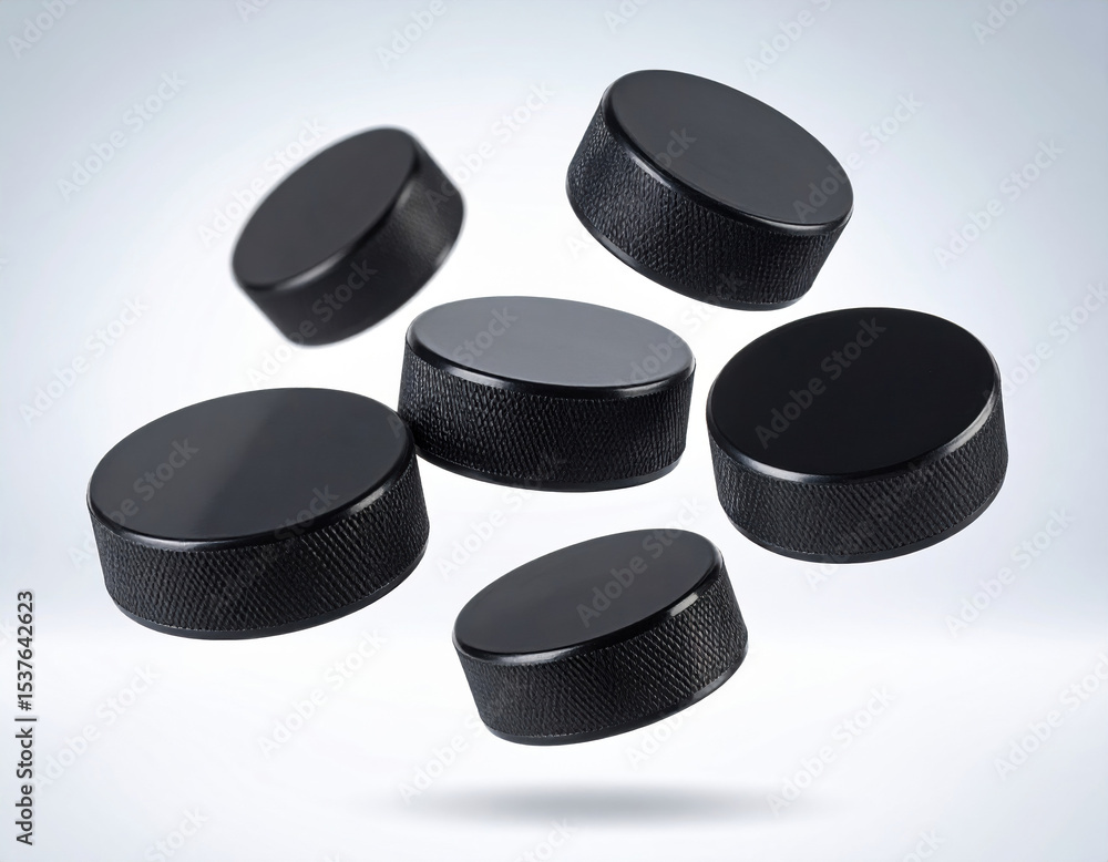 Poster six sleek black pucks suspended in midair against soft gradient background, creating striking visual