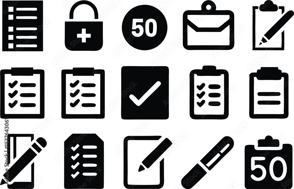 Poster solid filled assessment icons set isolated on transparent background
