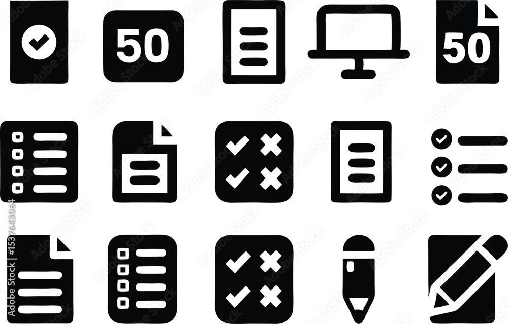 Poster solid filled assessment icons set isolated on transparent background