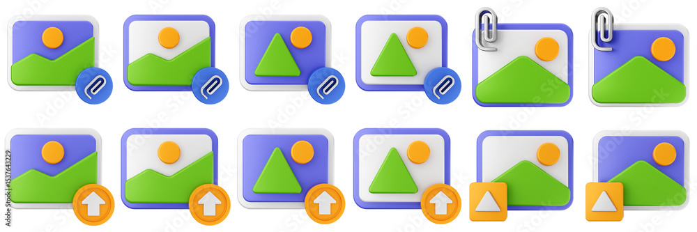 Poster 3d image attachment upload picture gallery photo icon set bundle illustration