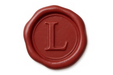 Red wax seal with letter l imprint, creating a vintage, authentic feel, isolated on transparent background