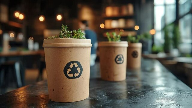 Eco-friendly cups with herbs on cafe counter