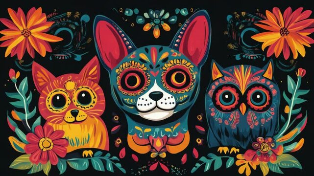 Colorful animals with intricate patterns surrounded by flowers on a black background for day of the dead celebration