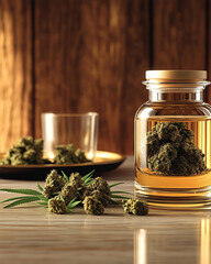 CBD oil or cannabis extract in a glass bottle, with marijuana flower buds and fresh leaves, ready for medicinal use. Ideal for natural wellness themes, therapeutic cannabis and herbal health products.