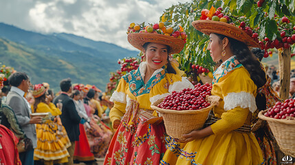 Fototapeta premium A festive Colombian coffee celebration unfolds in the mountains, where locals in traditional dress participate in a cultural parade through coffee farms lush with ripe red cherries