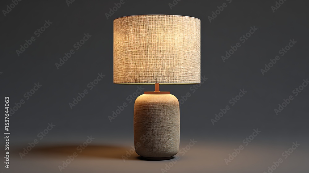 Poster illuminated table lamp with textured base and linen shade on a neutral gray background casting a sha