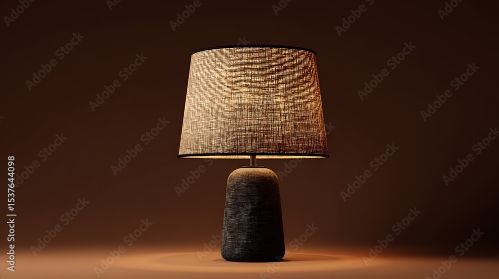 Poster illuminated table lamp with textured shade and dark base casting a warm glow in a dimly lit setting