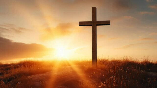 A serene landscape video with a low-angle view of a cross against a vibrant sunset, highlighting faith and tranquility in a warm, golden hue. Live desktop wallpaper.