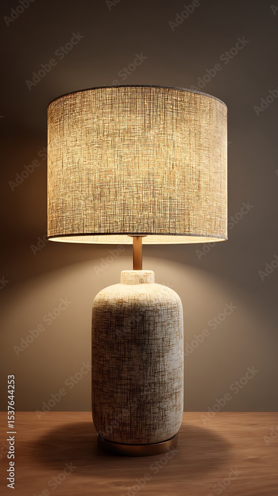 Poster illuminated bedside lamp with textured base and fabric shade casting a warm glow on a wooden surface