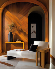 Elegant reading nook with white chaise longue, rich wood accents and a textured accent wall with arched niches under sunlight. Ideal for sophisticated interior design, relaxation spaces and architectu